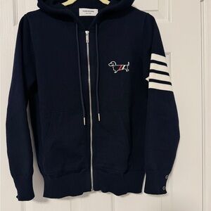 （SOLD at other place)Thom Browne Navy Blue Hoodie with Striped Sleeve